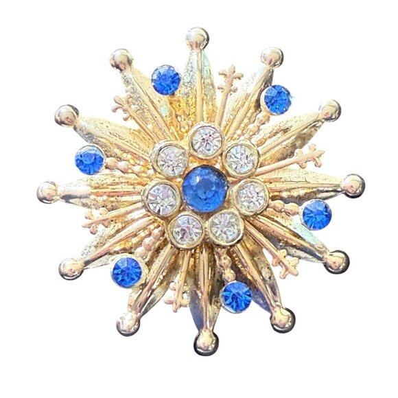 Vintage Gold-Tone Snowflake Brooch With Blue & Clear Rhinestones - Picture 1 of 3
